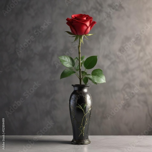 A single long-stemmed red rose in a decorative vase, red, single, elegant