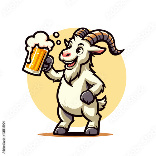 Happy goat holding a frothy beer mug, standing confidently against a yellow background. Fun and creative pub-themed design. Isolated vector illustration.