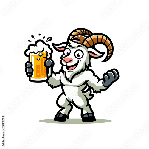Excited goat holding a frothy beer mug, raising its hoof in joy. A playful and energetic design for pubs, parties, and celebrations. Isolated vector illustration.