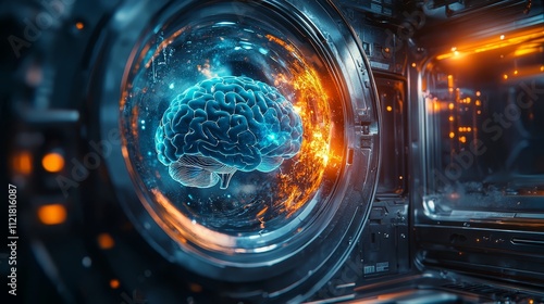 Fototapeta Naklejka Na Ścianę i Meble -  A blue brain inside of a space station