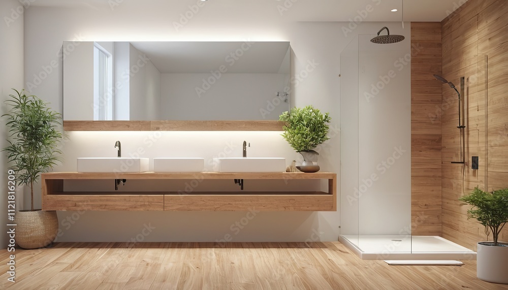 Modern bathroom interior with wooden decor in eco style Modern bathroom interior with wooden decor in eco style