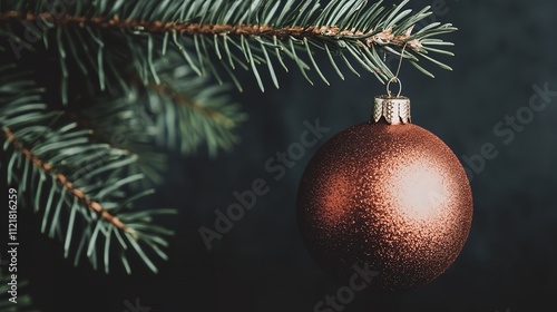 Sophisticated textured Christmas bauble on a festive tree, set against a dramatic black background, creating a stylish and elegant holiday atmosphere photo