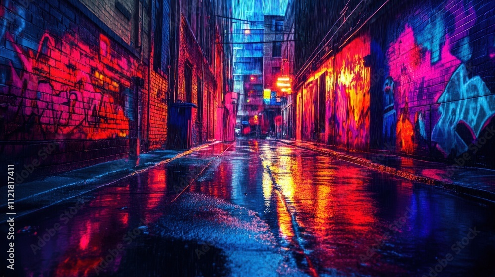 Here's a 10-word description: Neon-lit graffiti alley, rain-slicked street, vibrant Here's a 10-word description: Neon-lit graffiti alley, rain-slicked street, vibrant