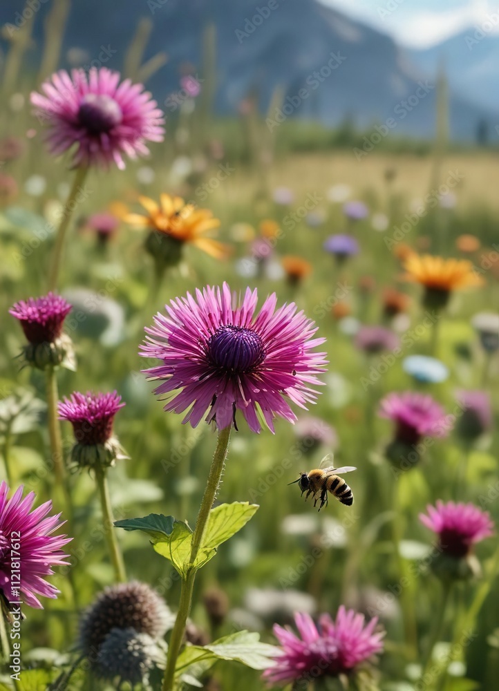Fototapeta premium Bee hovering above a patch of colorful burdock flowers in a sunny meadow, fauna, nectar
