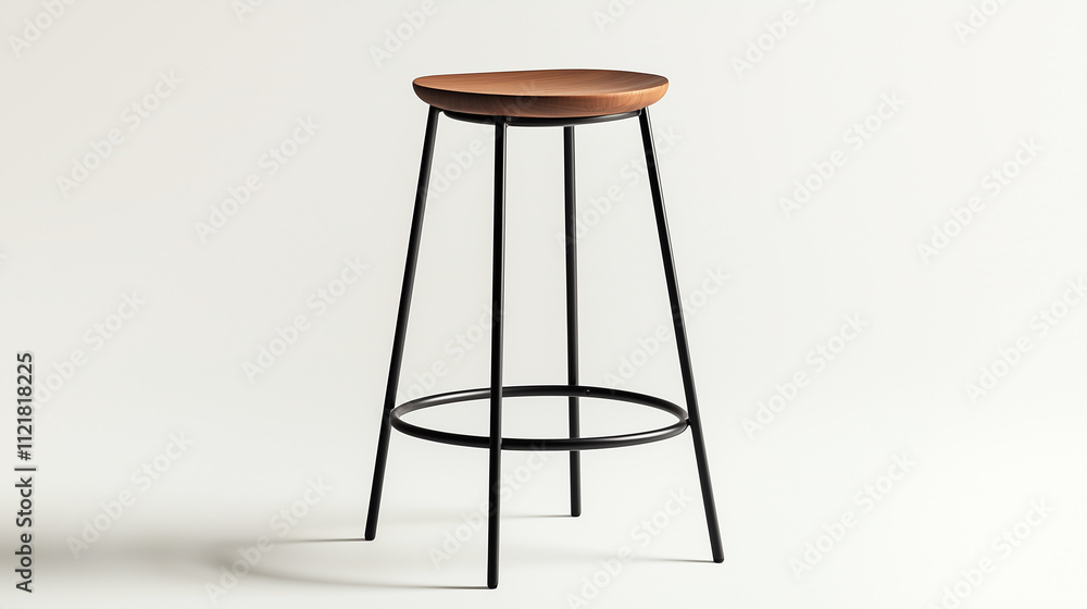 A modern bar stool in matte black metal with a circular wooden seat, its sleek silhouette standing out against a crisp white background. A modern bar stool in matte black metal with a circular wooden seat, its sleek silhouette standing out against a crisp white background.