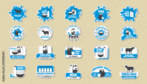 Eco, bio, organic and natural products sticker, label, badge and logo. Ecology icon. Logo template with blue details for dairy products. Vector illustration