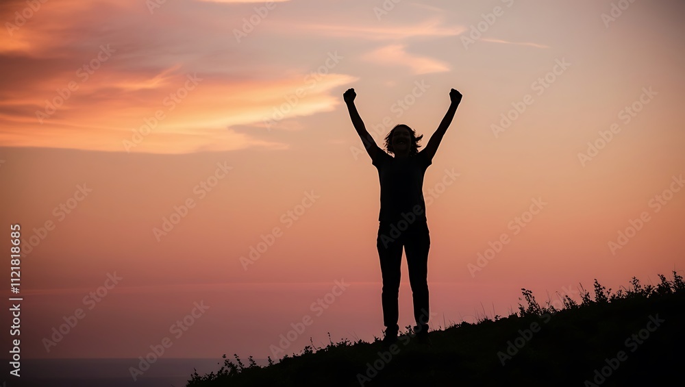 Silhouette of man open arms stay at sunset background Silhouette of man open arms stay at sunset background