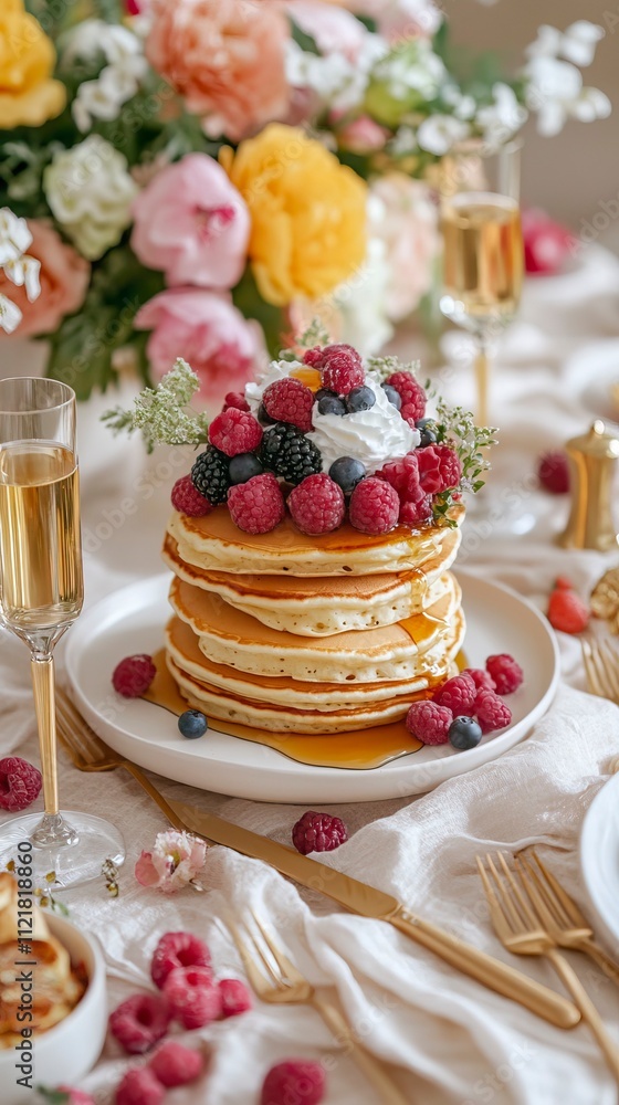 Festive Pancake Breakfast with Mimosas and Golden Decor, Celebratory Breakfast or Brunch, New Year's day, New Year's Eve
Festive Pancake Breakfast with Mimosas and Golden Decor, Celebratory Breakfast or Brunch, New Year's day, New Year's Eve