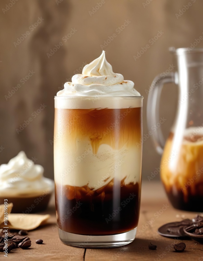 Creamy cold brew coffee in a glass with a layer of sweet vanilla foam on top , vanilla, drink, beverage Creamy cold brew coffee in a glass with a layer of sweet vanilla foam on top , vanilla, drink, beverage