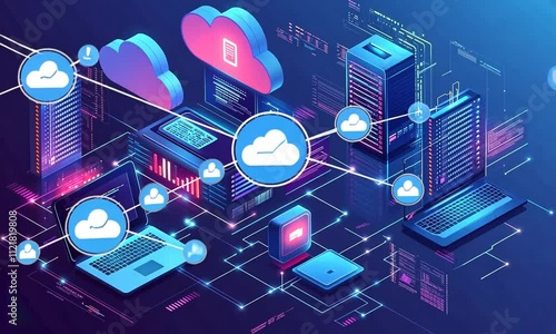 A digital representation of cloud computing and data storage systems with various devices.