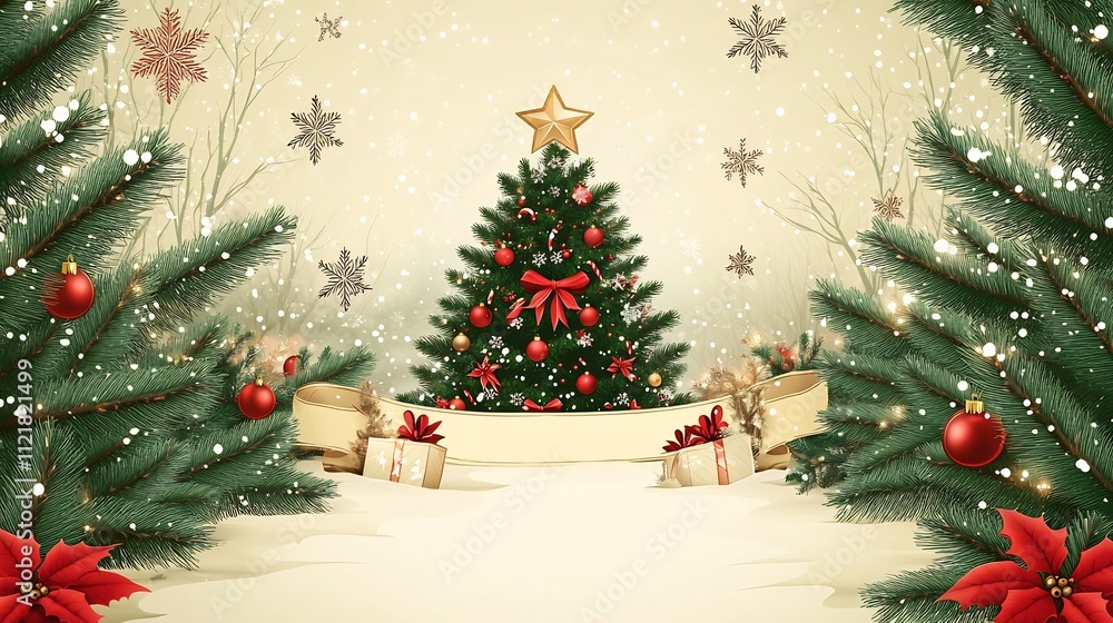 Obraz premium Beautifully Decorated Christmas Tree with Presents and Festive Ornaments in Snowy Woodland Scene