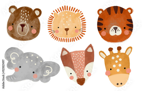 Cute set of scandinavian jungle forest animals crayon watercolor illustration png transparent nursery cutout clipart digital planner sticker