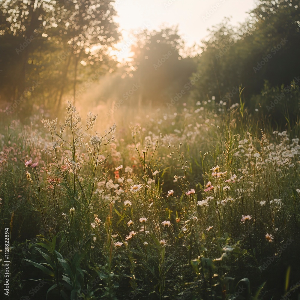Fototapeta premium Fresh Morning Light Over Dewy Field and Wildflowers, Fresh Start and Sunrise Themes, New Year's day, New Year's Eve 