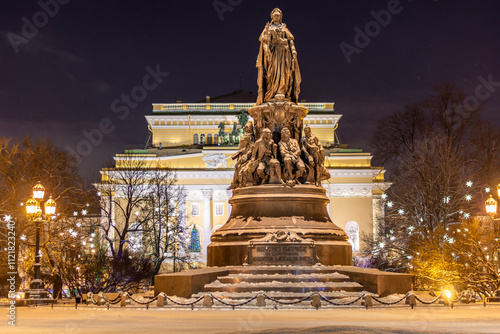 St. Petersburg, Russia - 03 January 2023: New Year's Petersburg. Monument to Catherine the Great (inscription 