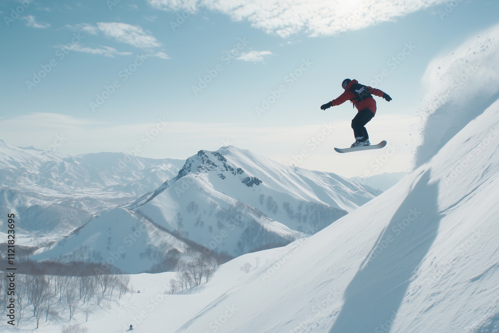 a man flying through the air while riding a snowboard on a snow covered slope in front of mountains a man flying through the air while riding a snowboard on a snow covered slope in front of mountains