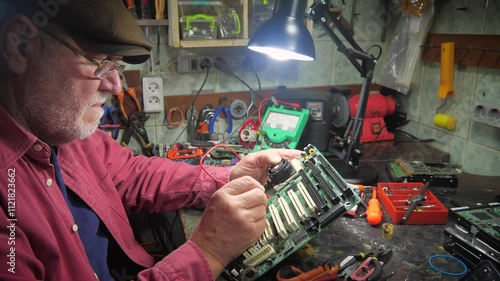 An elderly technician repairs computer equipment in a workshop using measuring instruments and technical tools. Slow motion.