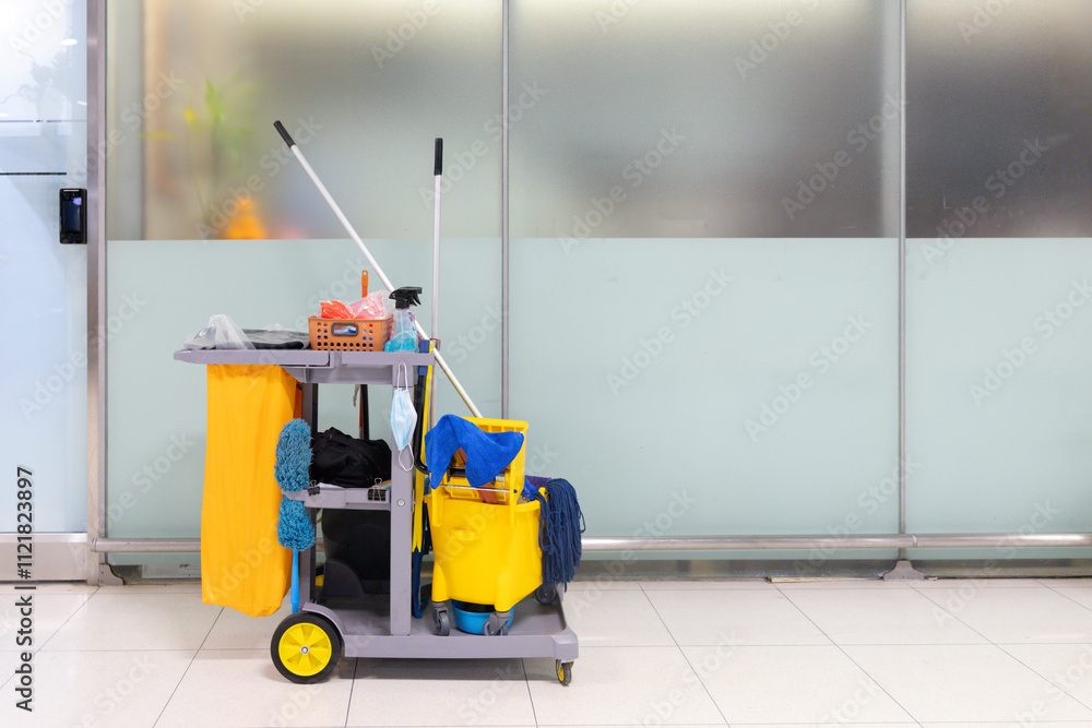 A cleaning cart with a yellow bucket and a blue mop A cleaning cart with a yellow bucket and a blue mop