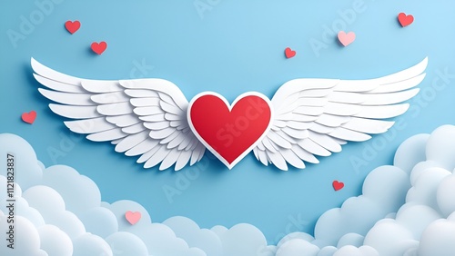 heart, wings, love, creativity, concept, design, minimalism, decoration, illustration, paper art, valentine s day, romance, blue background, red heart, angelic, emotional, graphic design, modern, aes photo