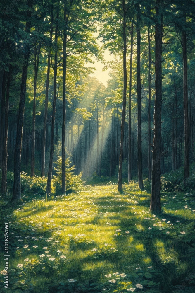 Sunbeams illuminate a path through a lush, green forest, dappled sunlight on wildflowers. Sunbeams illuminate a path through a lush, green forest, dappled sunlight on wildflowers.