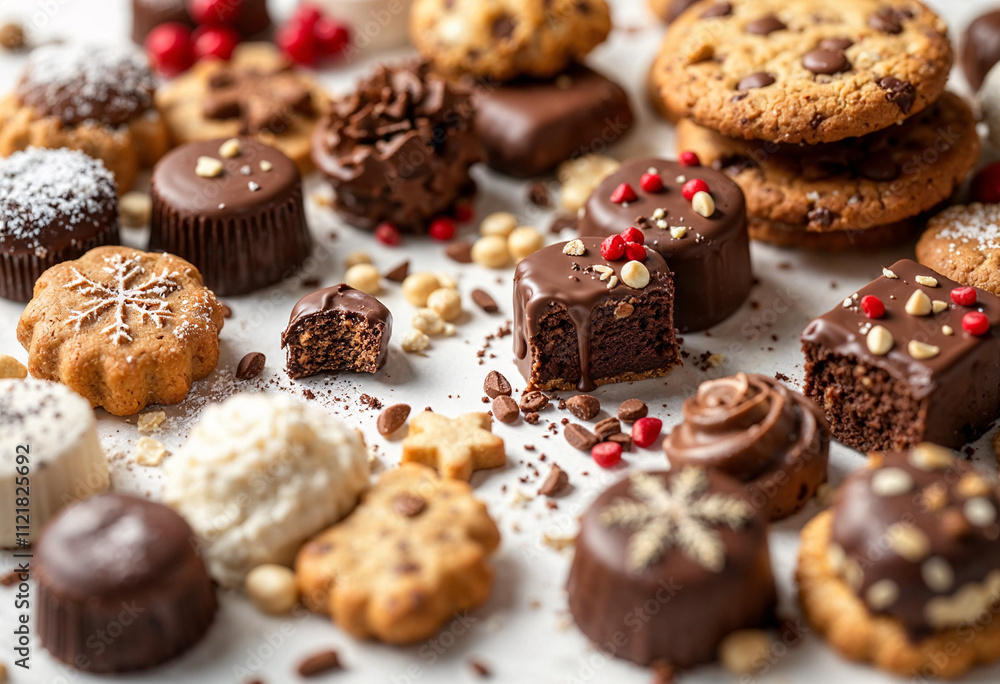 Delicious assortment of homemade cookies and chocolates displayed on a festive table during a holiday gathering Delicious assortment of homemade cookies and chocolates displayed on a festive table during a holiday gathering