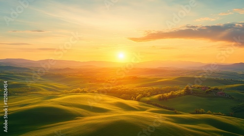 Breathtaking Golden Sunset Over Rolling Hills of Tuscany Captured in Vibrant Colors with Lush Greenery and a Tranquil Atmosphere