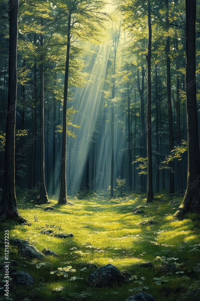Obraz premium Here's a possible and keyword list for your image.. Sunbeams illuminate a lush green forest path.