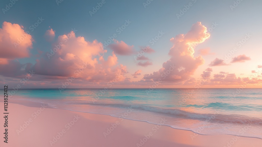 Fototapeta premium Pink sunset, ocean waves, sandy beach.