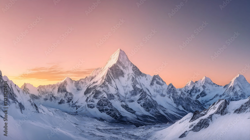 Sunset Panorama of Ama Dablam Summit with Snowy Peaks in the Himalayas, Nepal Sunset Panorama of Ama Dablam Summit with Snowy Peaks in the Himalayas, Nepal