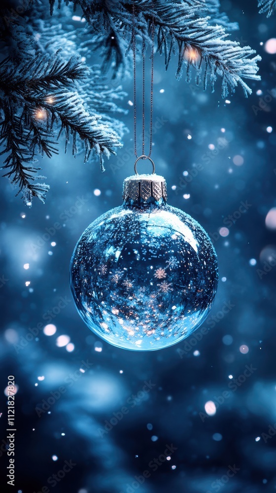 Fototapeta premium Blue christmas background with glass ornament and falling snowflakes