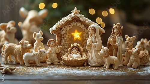 A beautiful Nativity Scene cake featuring fondant figures of Mary, Joseph, and Baby Jesus in a manger, surrounded by fondant animals, and a starry icing backdrop with shimmering edible glitter, photo