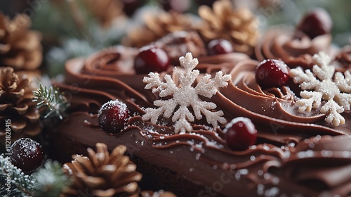 A beautifully crafted Yule log cake decorated with swirls of creamy chocolate frosting, fondant snowflakes, and sugared cranberries, surrounded by pinecones and evergreen sprigs, photo