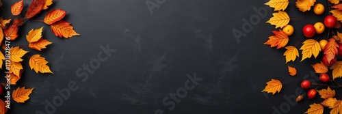 Chalkboard frame toppled with assorted fruits on black background with autumn leaves, copy space, down, fall, background