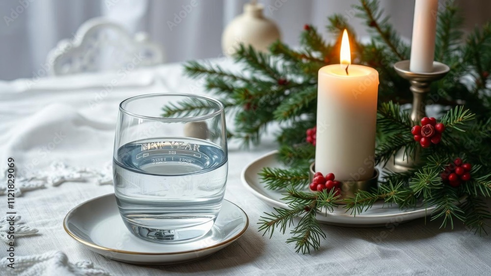 Christmas decor candlestick with burning candle, spruce branches, fir branches, linen canvas, water, spruce branches, burning candle Christmas decor candlestick with burning candle, spruce branches, fir branches, linen canvas, water, spruce branches, burning candle