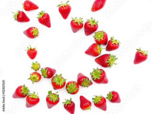 Circular frame made of fresh red and one blue strawberries on a white background, with empty space in the middle, circular frame, natural, white background