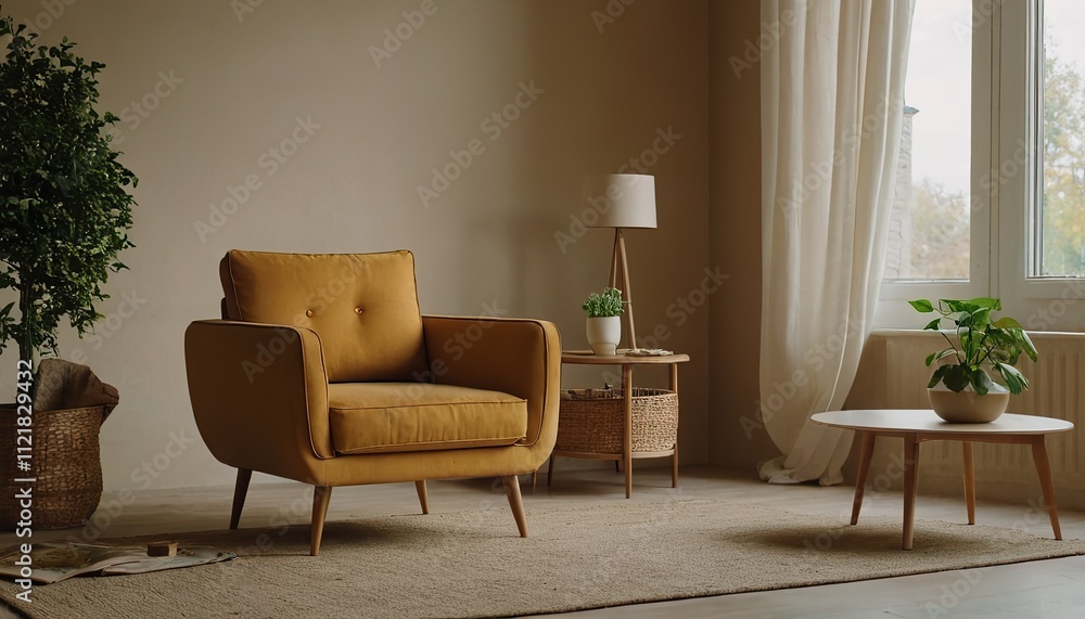 Fototapeta premium A living room with a blue couch and a lamp