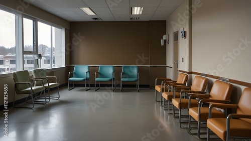 A row of empty patient chairs in a bright clinic waiting room photo