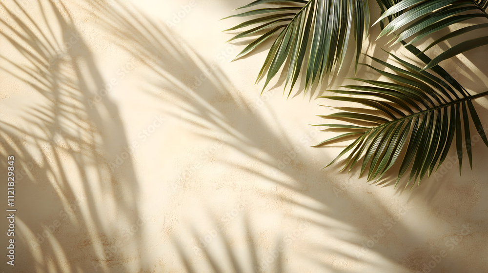 Fototapeta premium palm leaves on the right side, casting intricate shadows against an empty beige background. 
