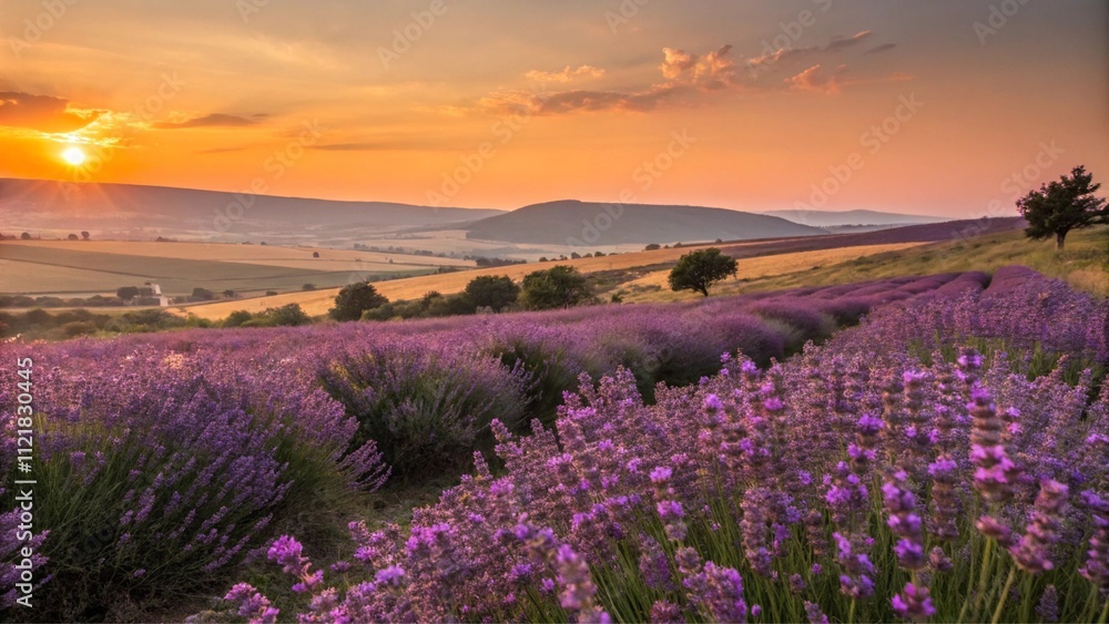 Naklejka premium Sunset lavender field for calming wall decor