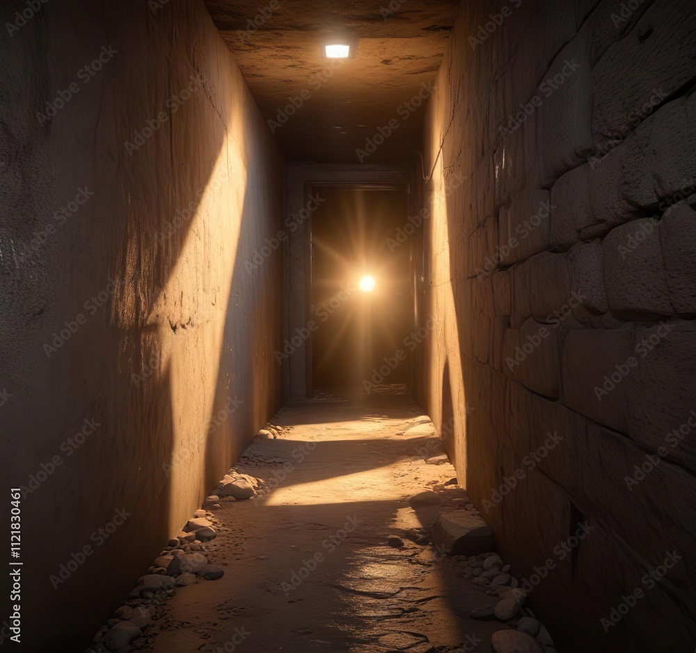 Obraz premium Narrow passageway with a shaft of radiant light piercing through it , light beam, tunnel