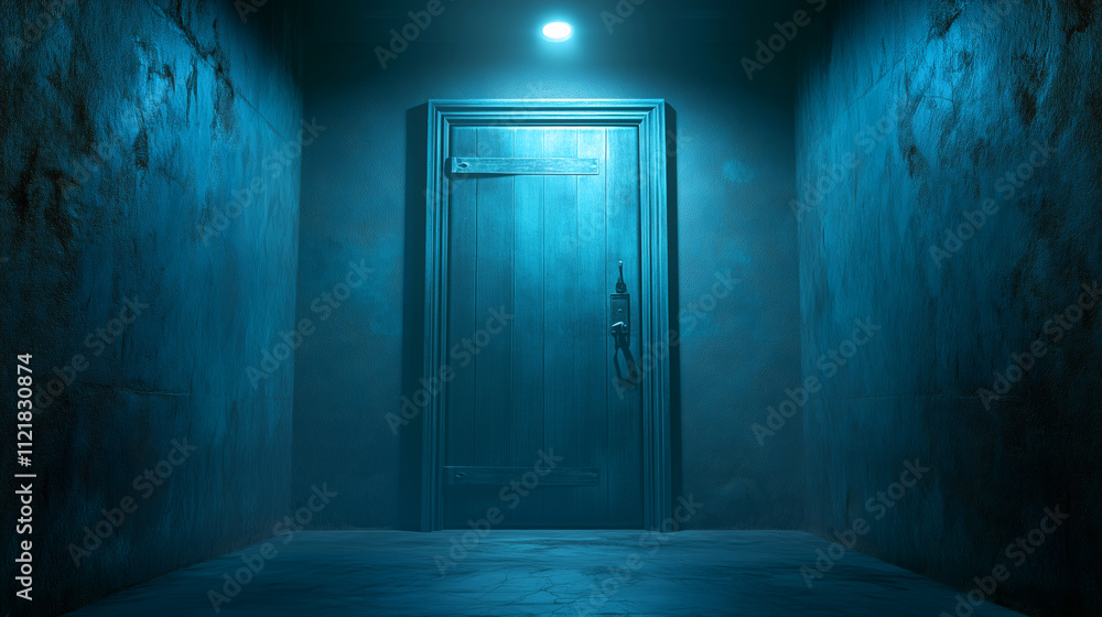 Obraz premium Mysterious door illuminated in a dark corridor