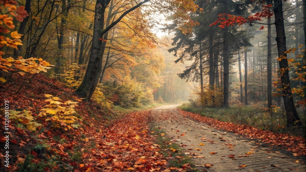 Obraz premium A serene image of a forest trail in autumn, covered with fallen orange, red, and yellow leaves. The path leads to a soft light breaking through the dense trees, creating a sense of peace and reflectio