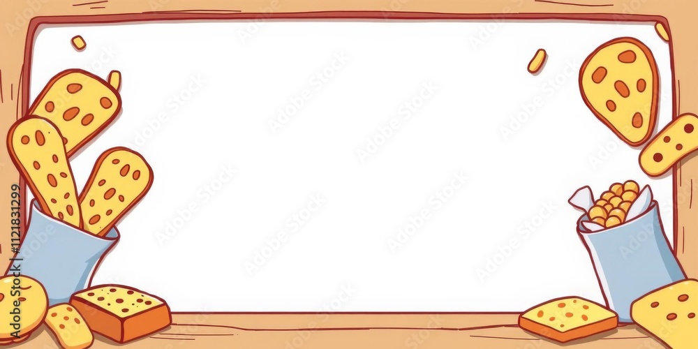 Fototapeta premium Colorful cartoon frame with cheese bread and snacks, perfect for food promotions and menu designs, bread, cartoon, frame