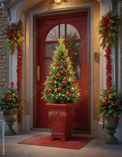 Red and green Christmas tree in a decorative planter on the front door, planter, decorating