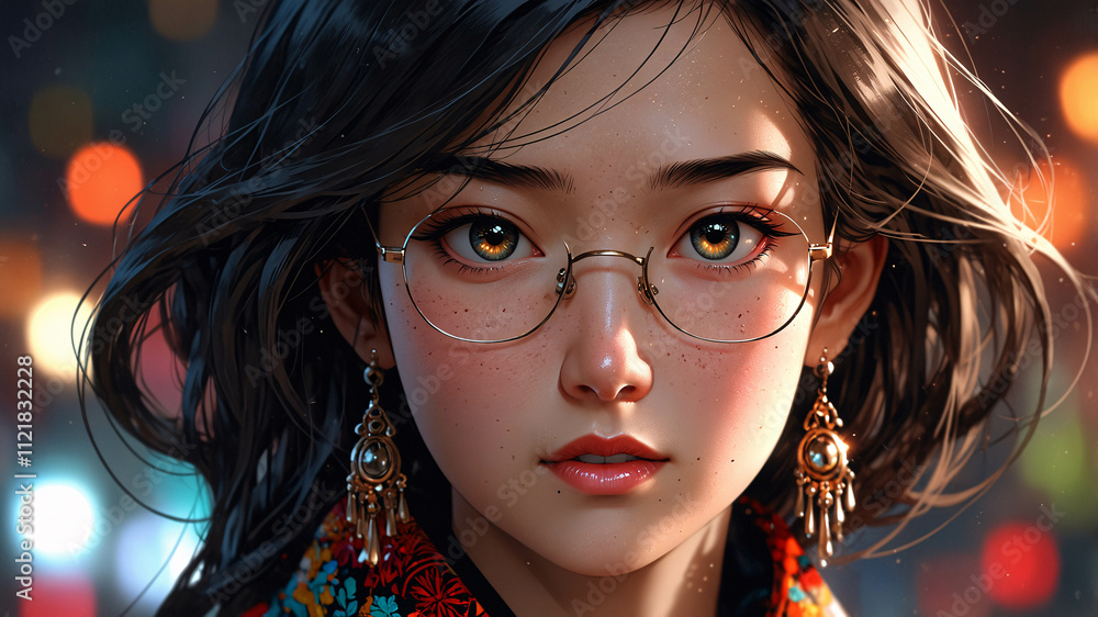 Fototapeta premium Stunning and beautiful digital illustration of Asian woman with glasses and golden traditional clothes gold hair ornament