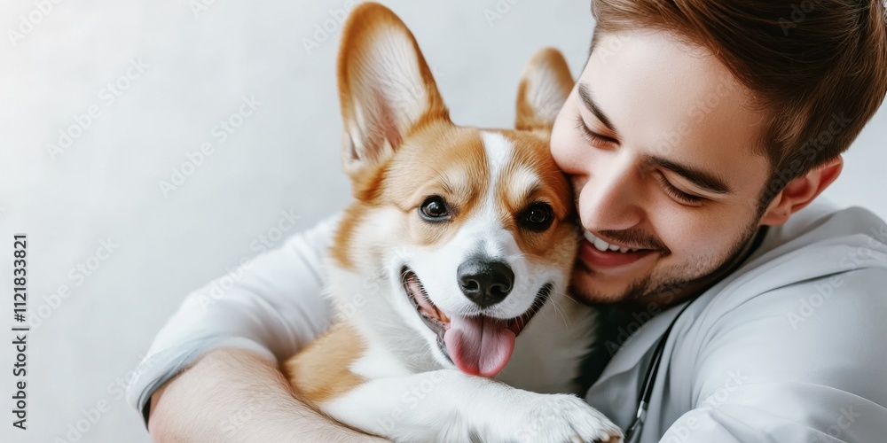 happy veterinarian cuddling a smiling corgi dog after treatment at the veterinary clinic happy veterinarian cuddling a smiling corgi dog after treatment at the veterinary clinic
