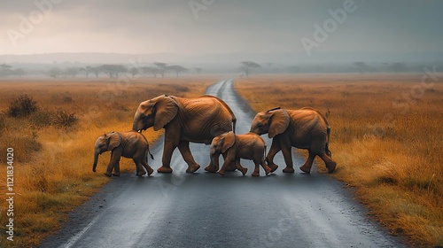 Elephants crossing the road in the savannah photo