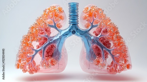 3D digital model of human lungs and respiratory system with detailed trachea bronchi bronchioles and alveoli