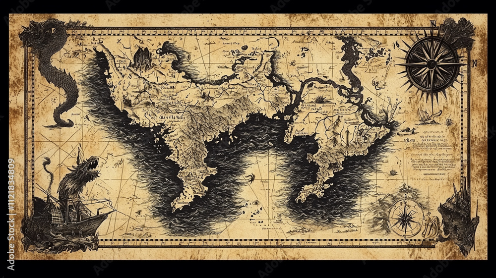 Naklejka premium Vintage Map Design with Nautical Elements and Monsters