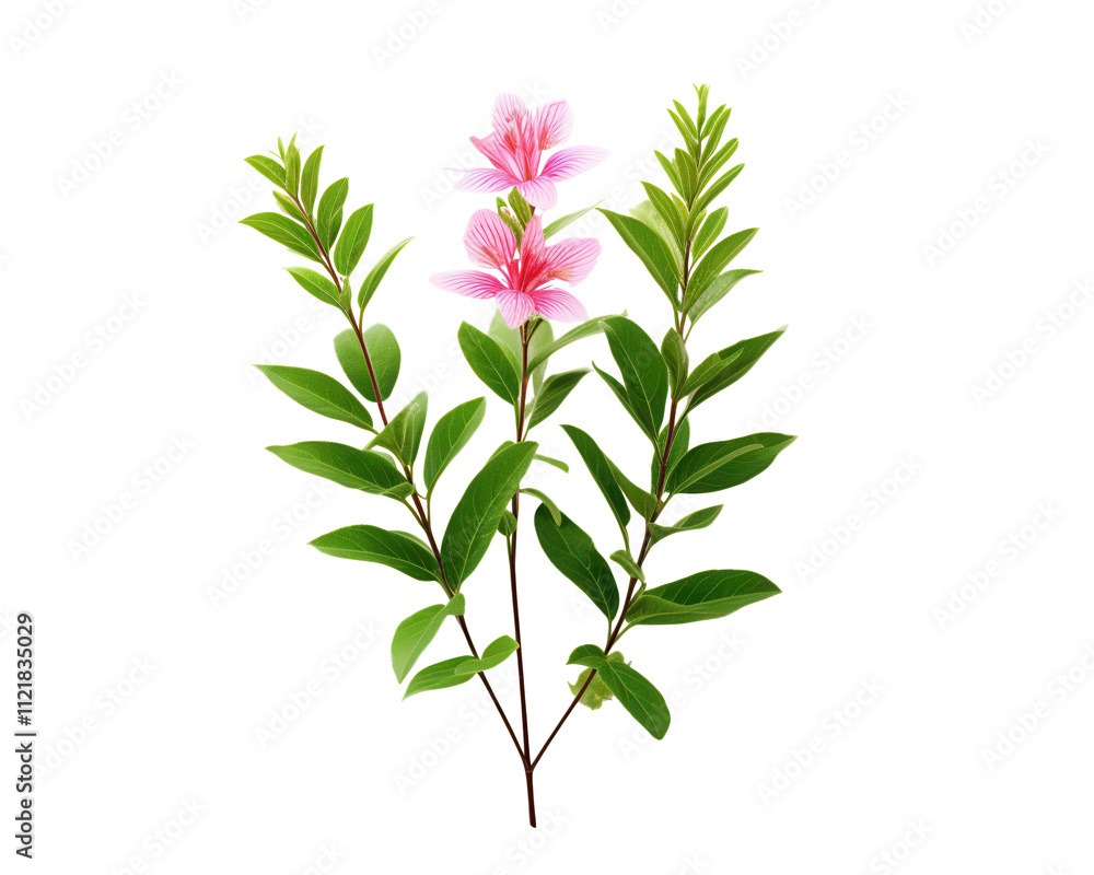 Fototapeta premium Pink Flowers, Green Leaves, Botanical Arrangement, Natures Beauty, Floral Design, Vivid Colors, Eleg