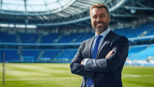 Coach or director of a football club in the stadium with a slightly blurred background with a green football pitch in the background with space for text. Trainer in a suit photo